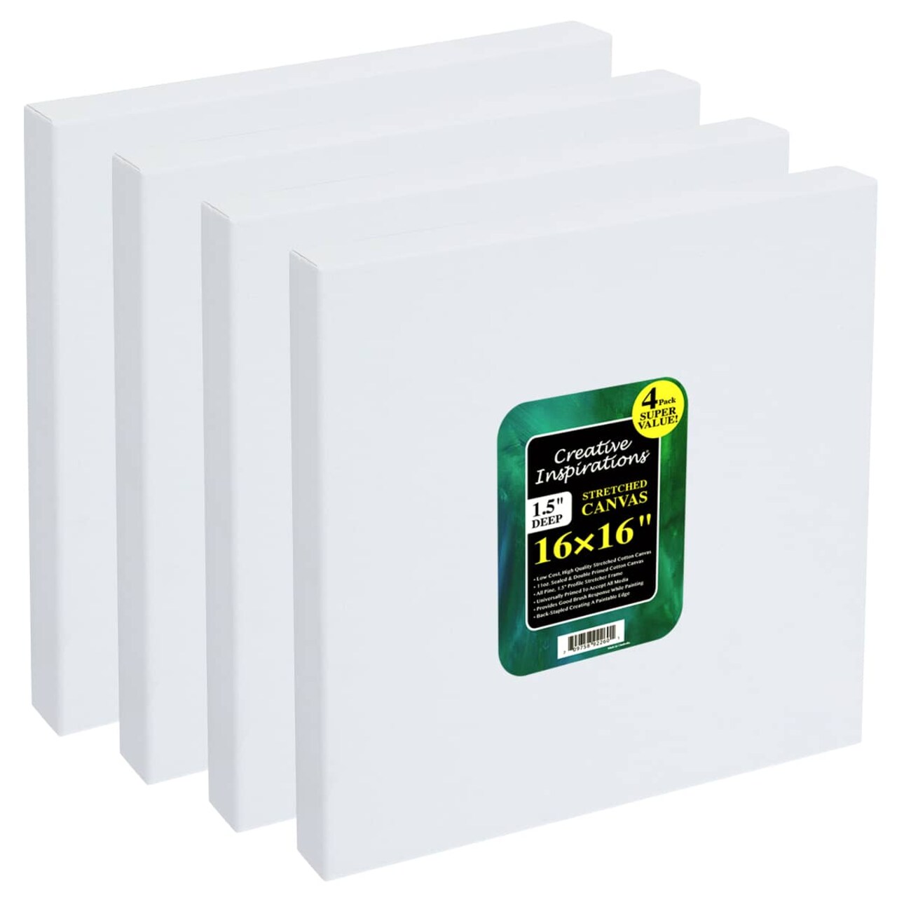 Creative Inspirations Stretched Canvas for Painting- 1-1/2" Deep, 4-Pack, 11oz Sealed & Double-Primed Cotton Canvases, Pine Stretcher Frame, Archival All-Media Primer - Alkyd, Acrylic & Oil Painting